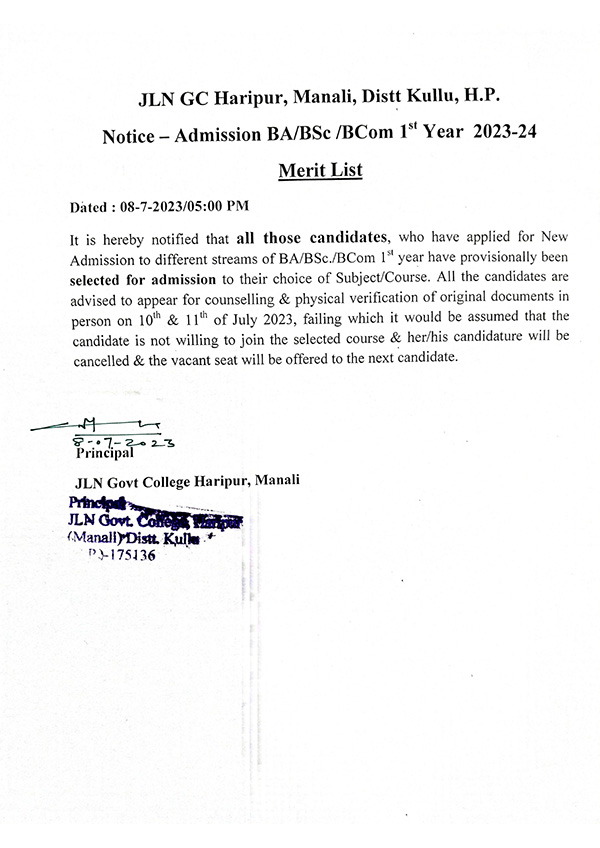 Notice regarding Merit List